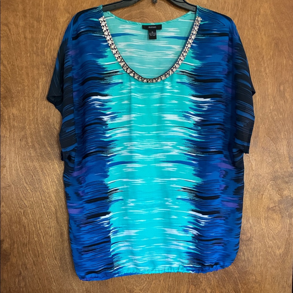 Alfani Turquoise and Blue Beaded-Neck Blouse